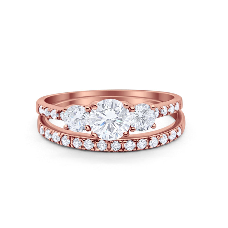 Three Stone Two Piece Wedding Engagement Bridal Set Ring Round Cubic Ziroconia 925 Sterling Silver