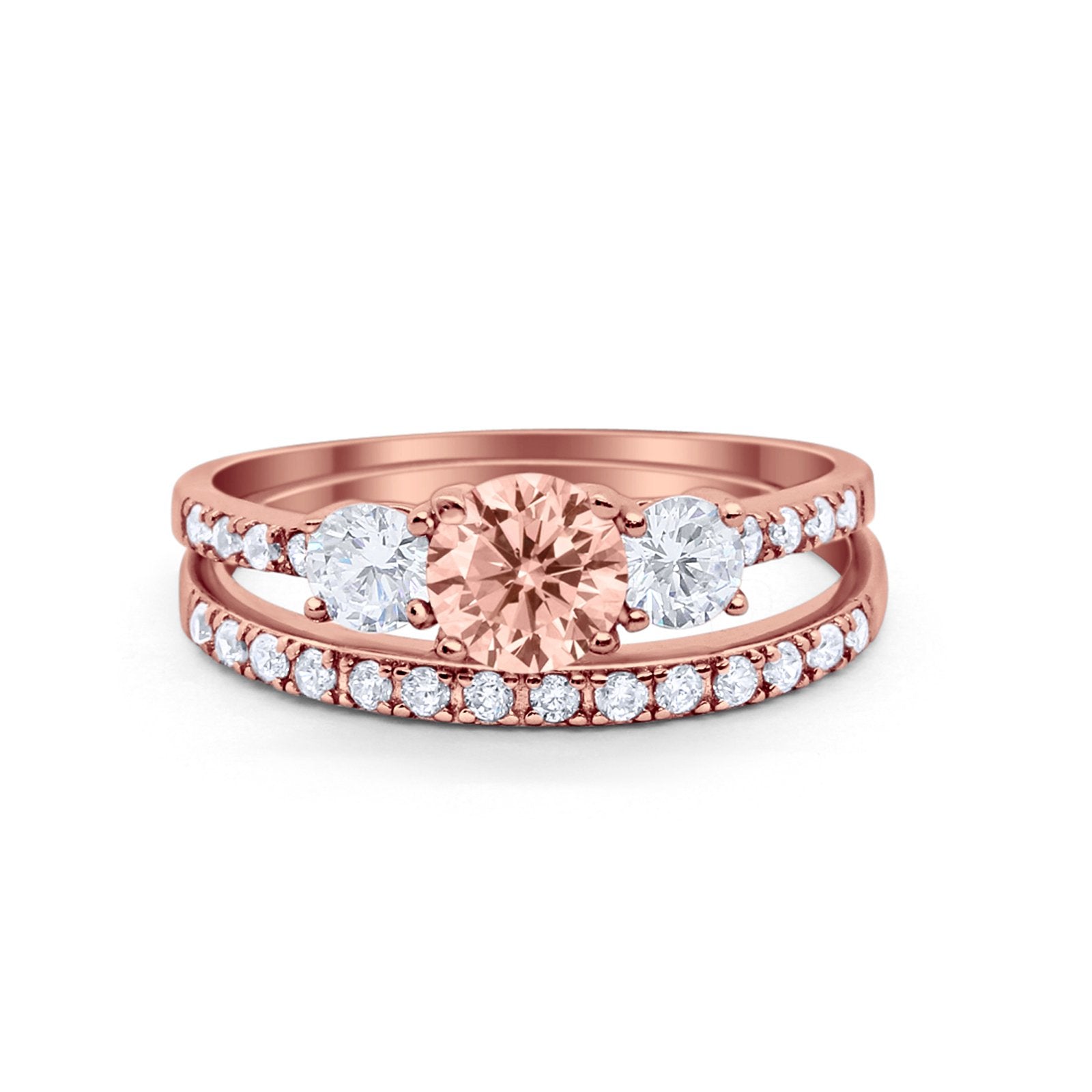 Three Stone Two Piece Wedding Engagement Bridal Set Ring Round Cubic Ziroconia 925 Sterling Silver