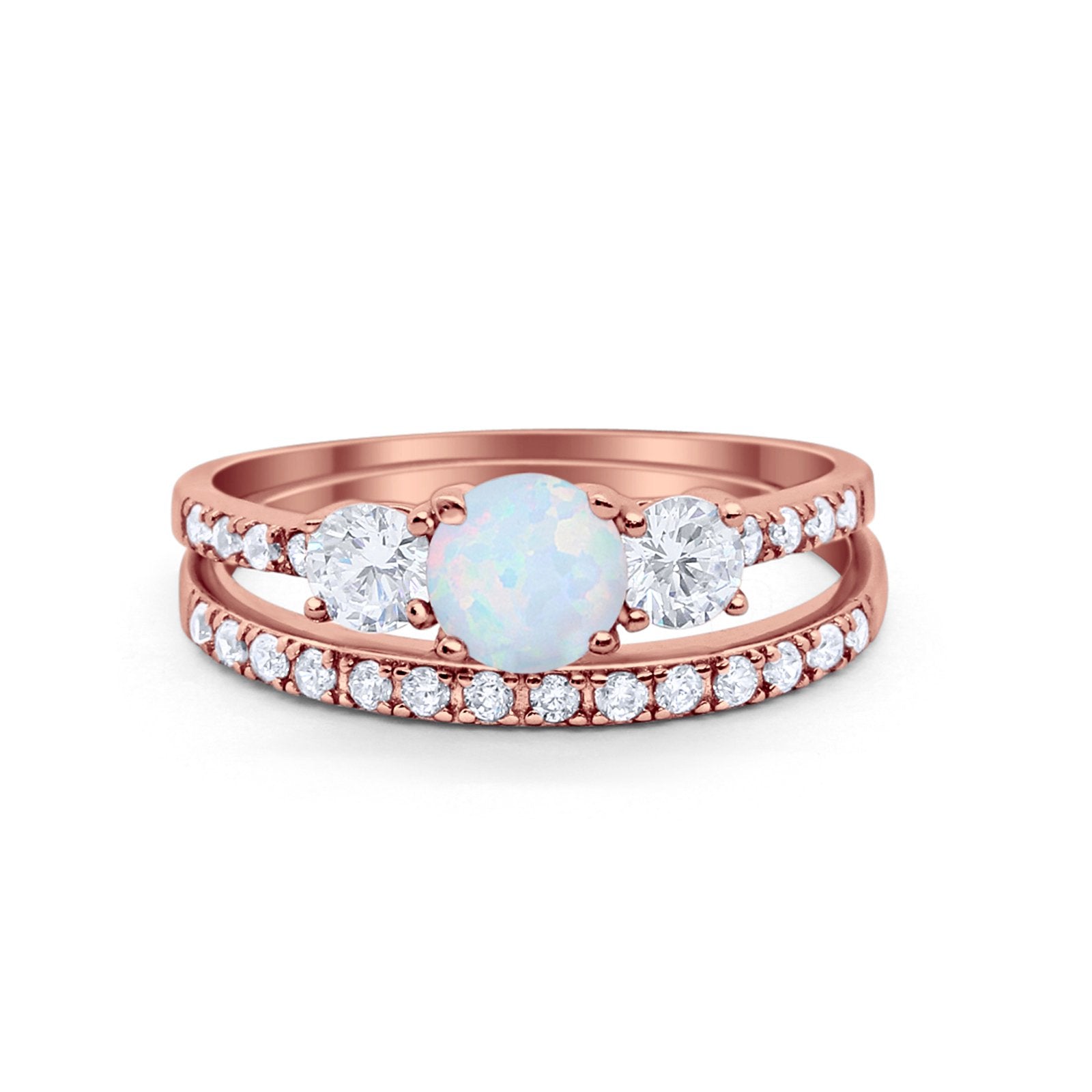 Three Stone Two Piece Wedding Engagement Bridal Set Ring Round Cubic Ziroconia 925 Sterling Silver