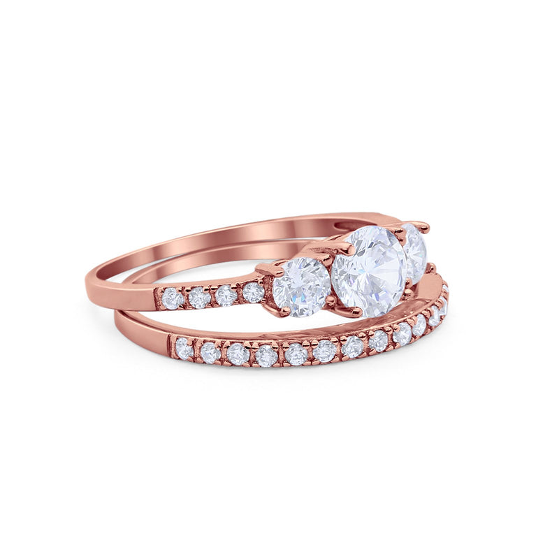 Three Stone Two Piece Wedding Engagement Bridal Set Ring Round Cubic Ziroconia 925 Sterling Silver