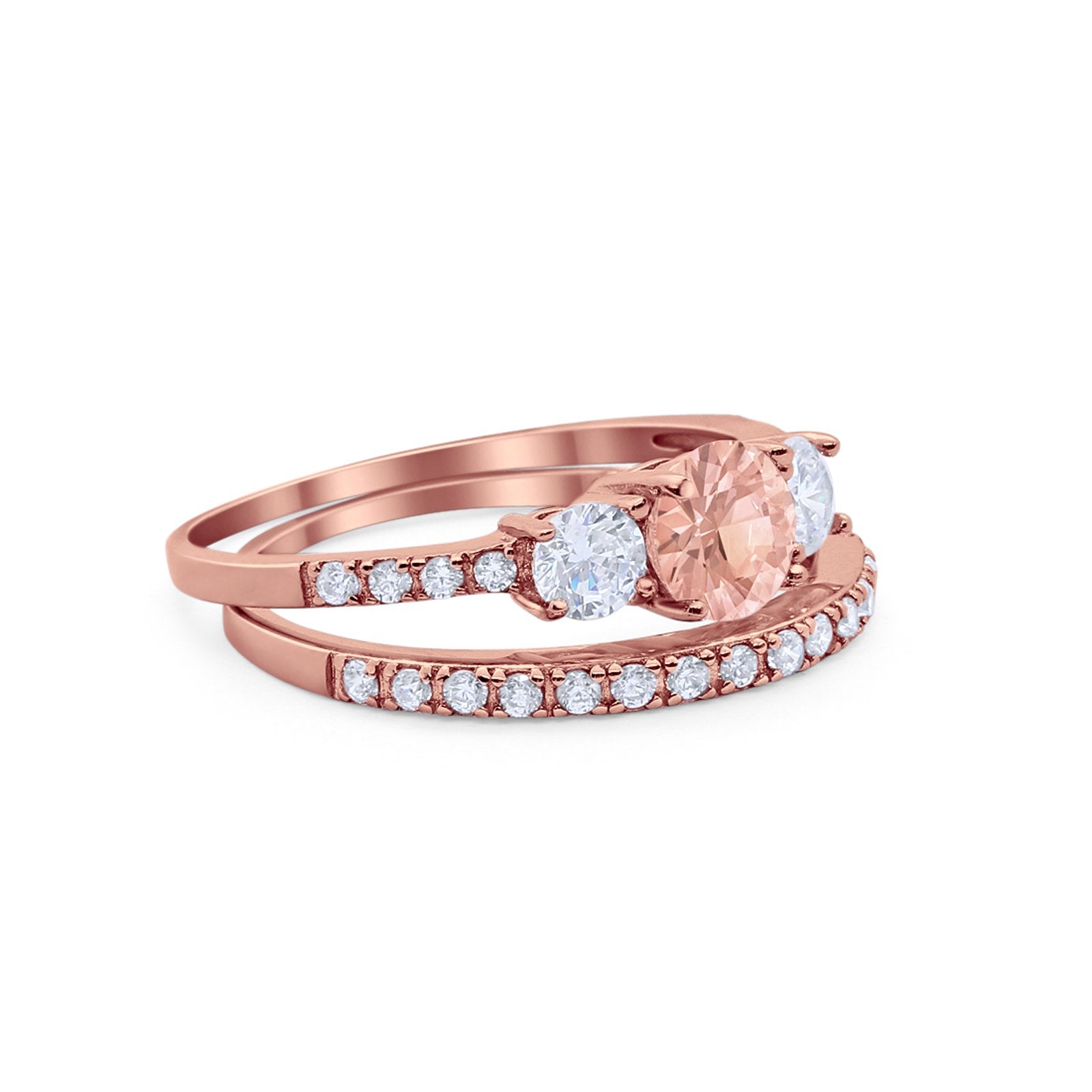 Three Stone Two Piece Wedding Engagement Bridal Set Ring Round Cubic Ziroconia 925 Sterling Silver