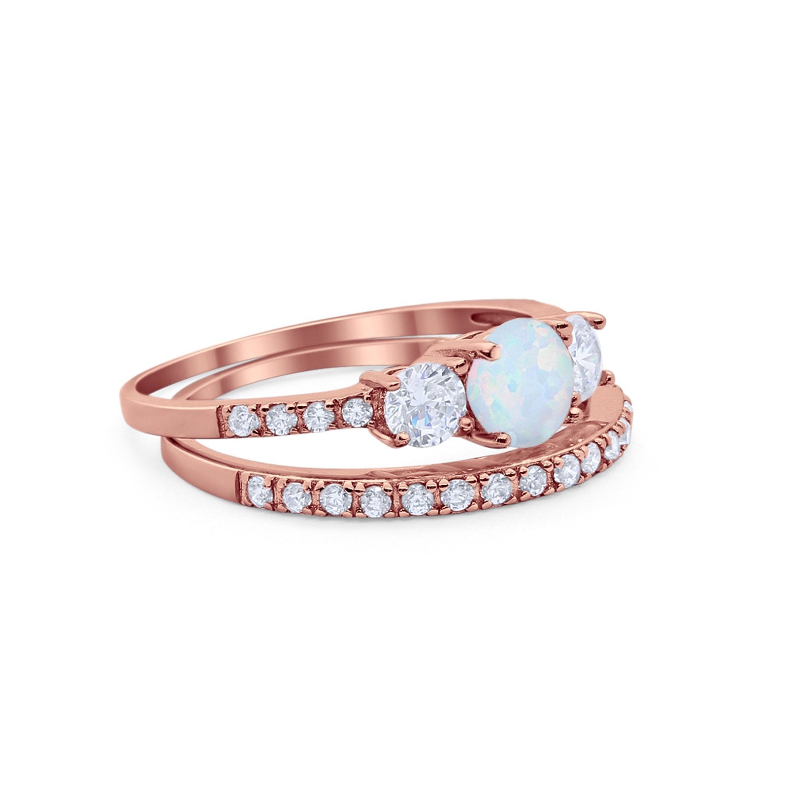 Three Stone Two Piece Wedding Engagement Bridal Set Ring Round Cubic Ziroconia 925 Sterling Silver