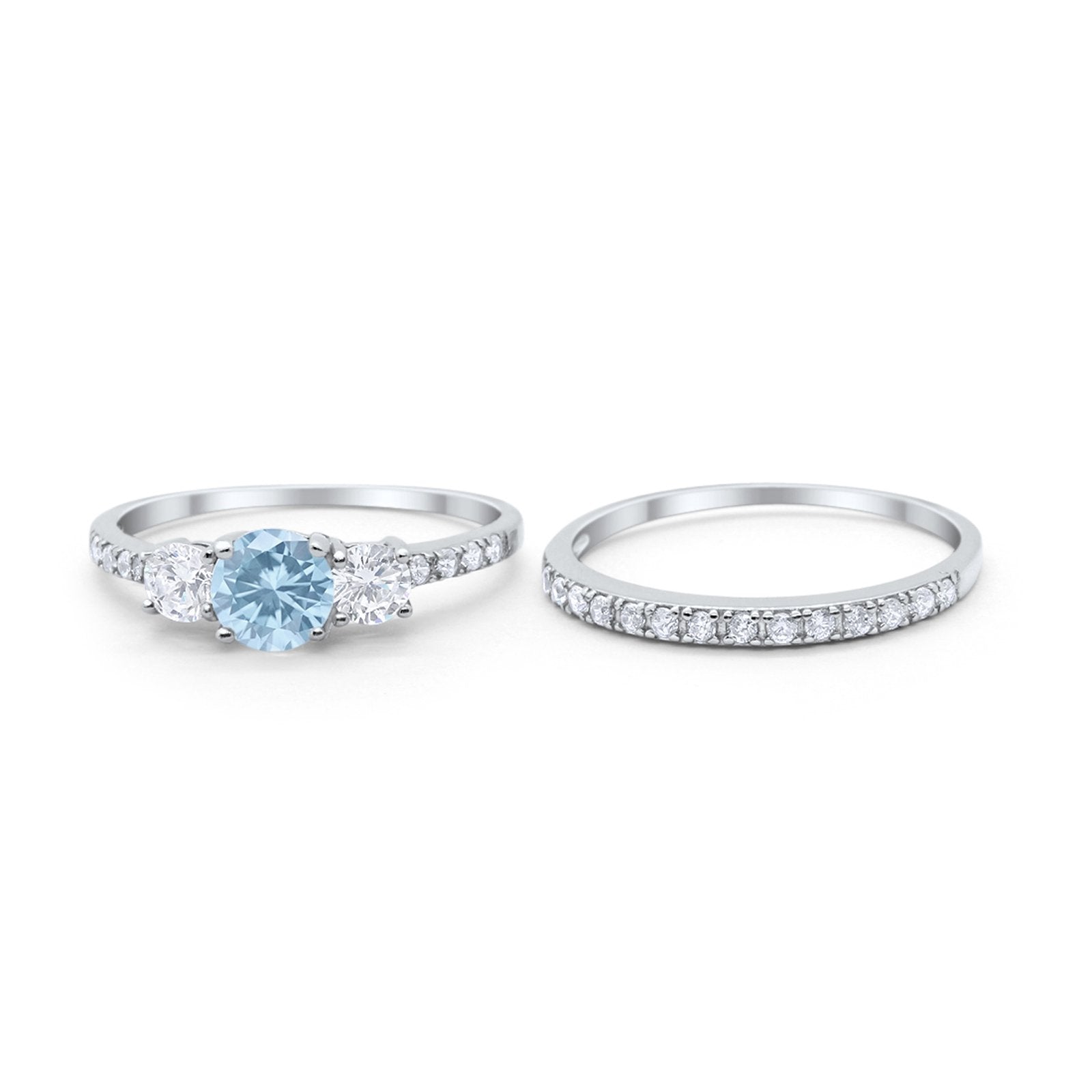 Three Stone Two Piece Wedding Engagement Bridal Set Ring Round Cubic Ziroconia 925 Sterling Silver
