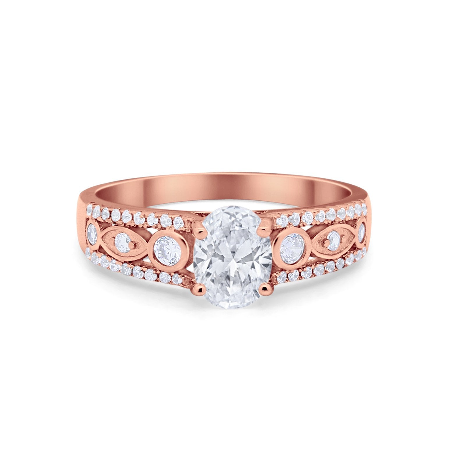 Art Deco Wedding Ring Oval Simulated Cubic Zirconia 925 Sterling Silver