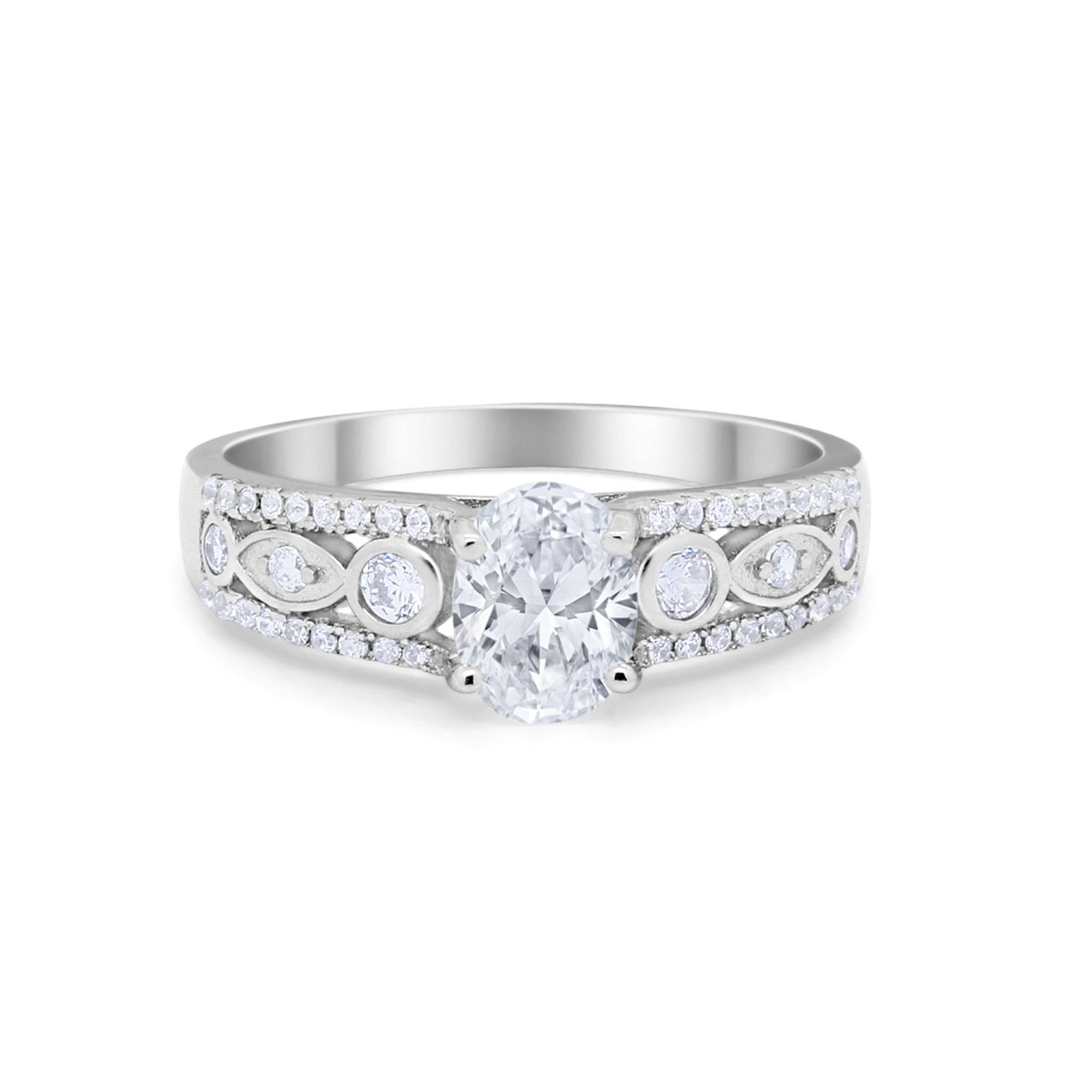 Art Deco Wedding Ring Oval Simulated Cubic Zirconia 925 Sterling Silver