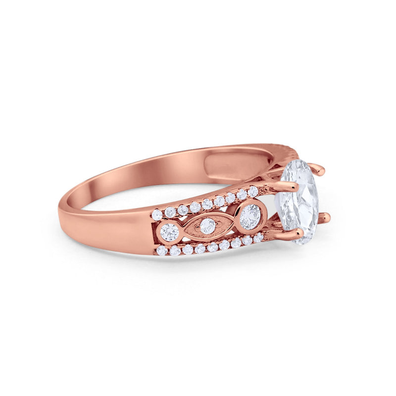 Art Deco Wedding Ring Oval Simulated Cubic Zirconia 925 Sterling Silver