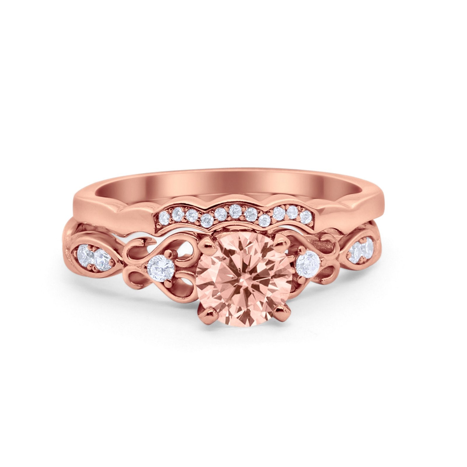 Art Deco Filigree Wedding Engagement Ring Bridal Set Band Round Cubic Zirconia 925 Sterling Silver