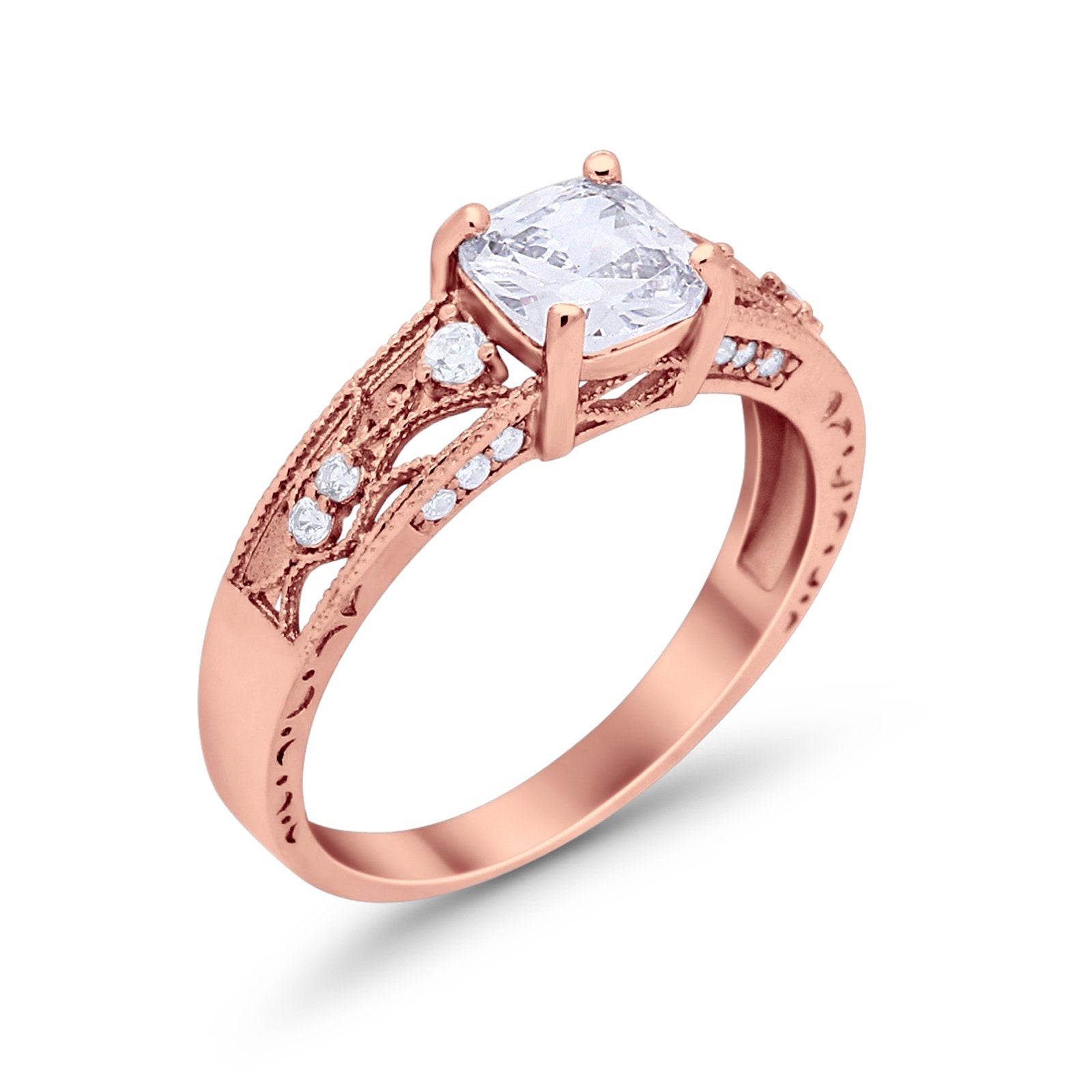 Art Deco Cushion Wedding Engagement Ring Round Cubic Zirconia 925 Sterling Silver