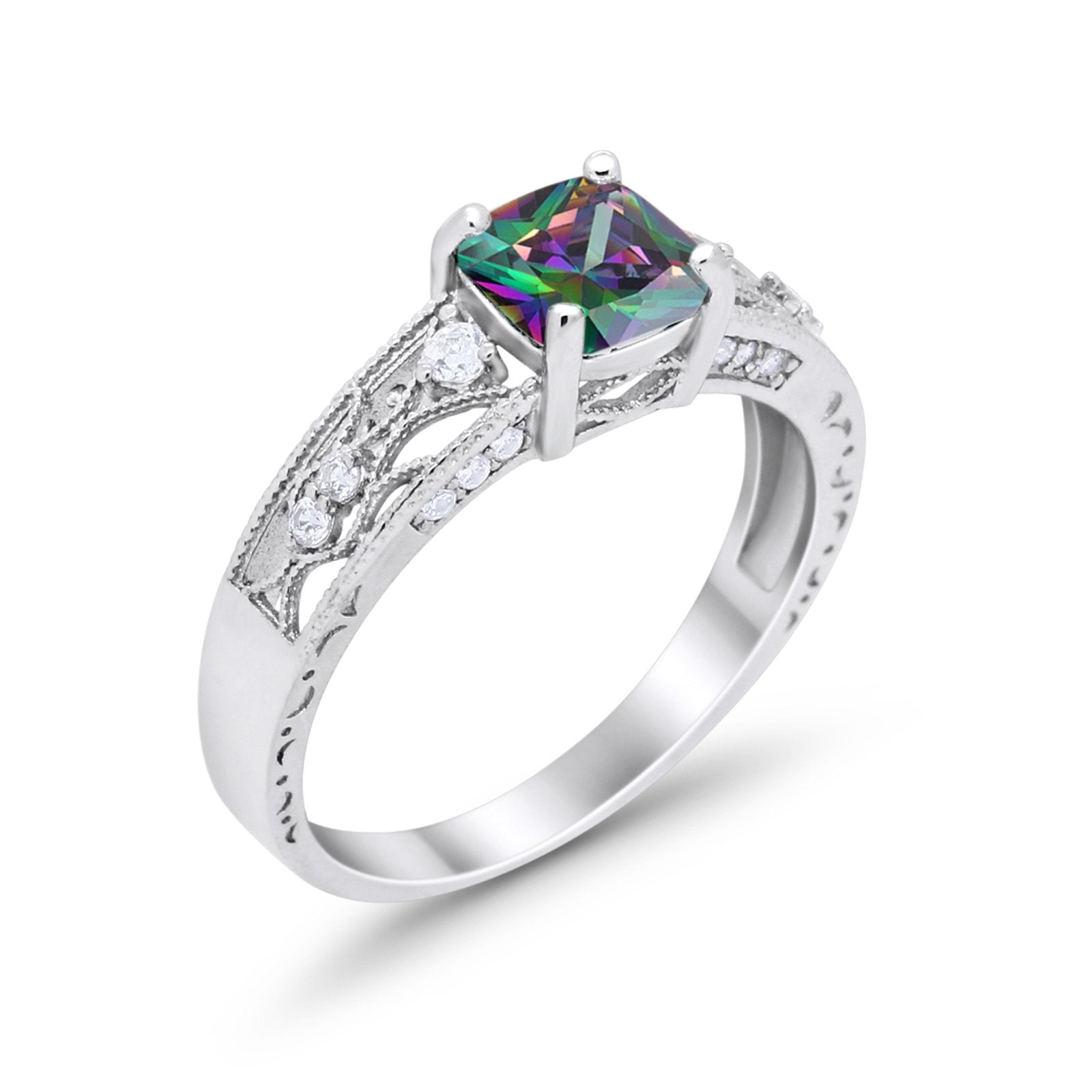Art Deco Cushion Wedding Engagement Ring Round Cubic Zirconia 925 Sterling Silver
