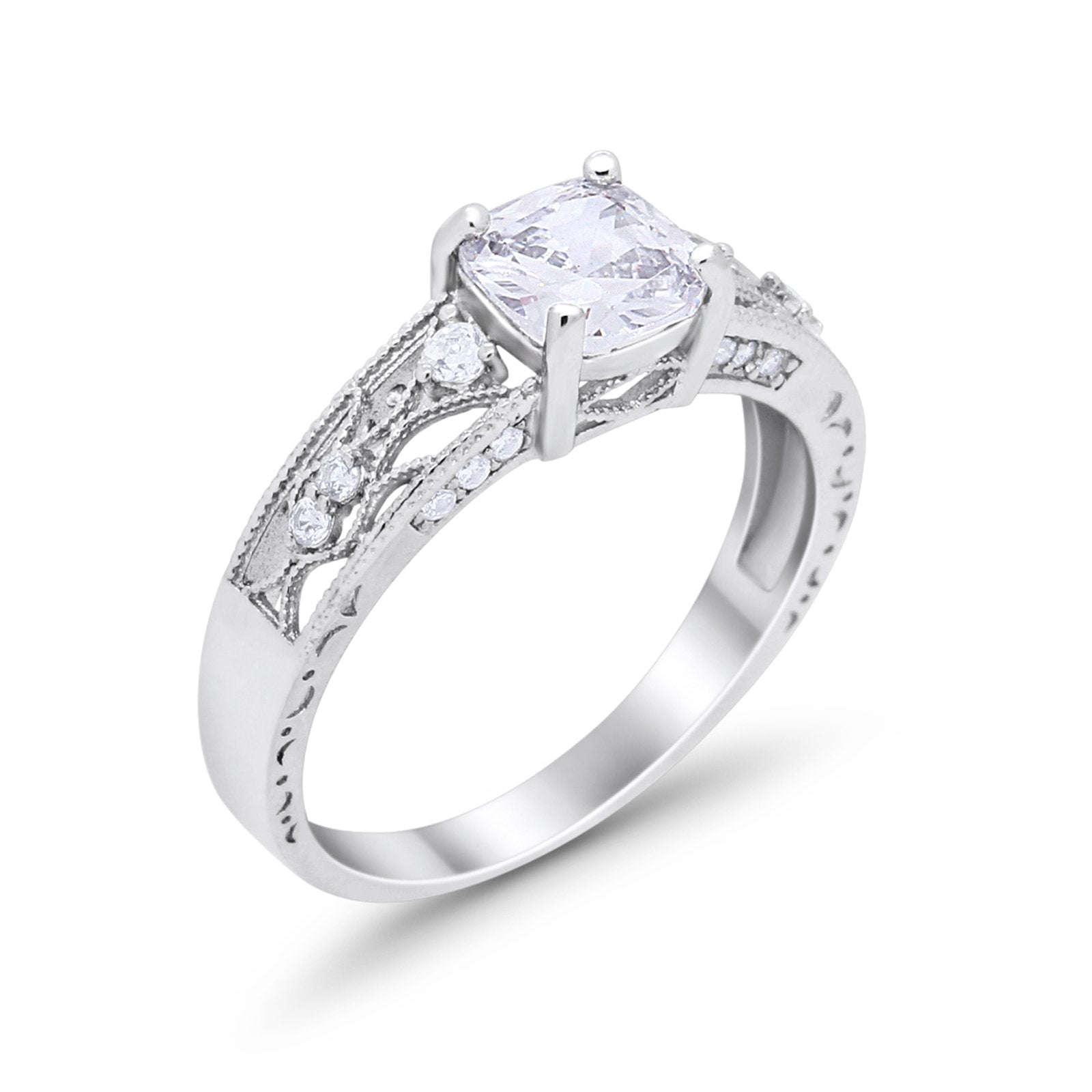 Art Deco Cushion Wedding Engagement Ring Round Cubic Zirconia 925 Sterling Silver