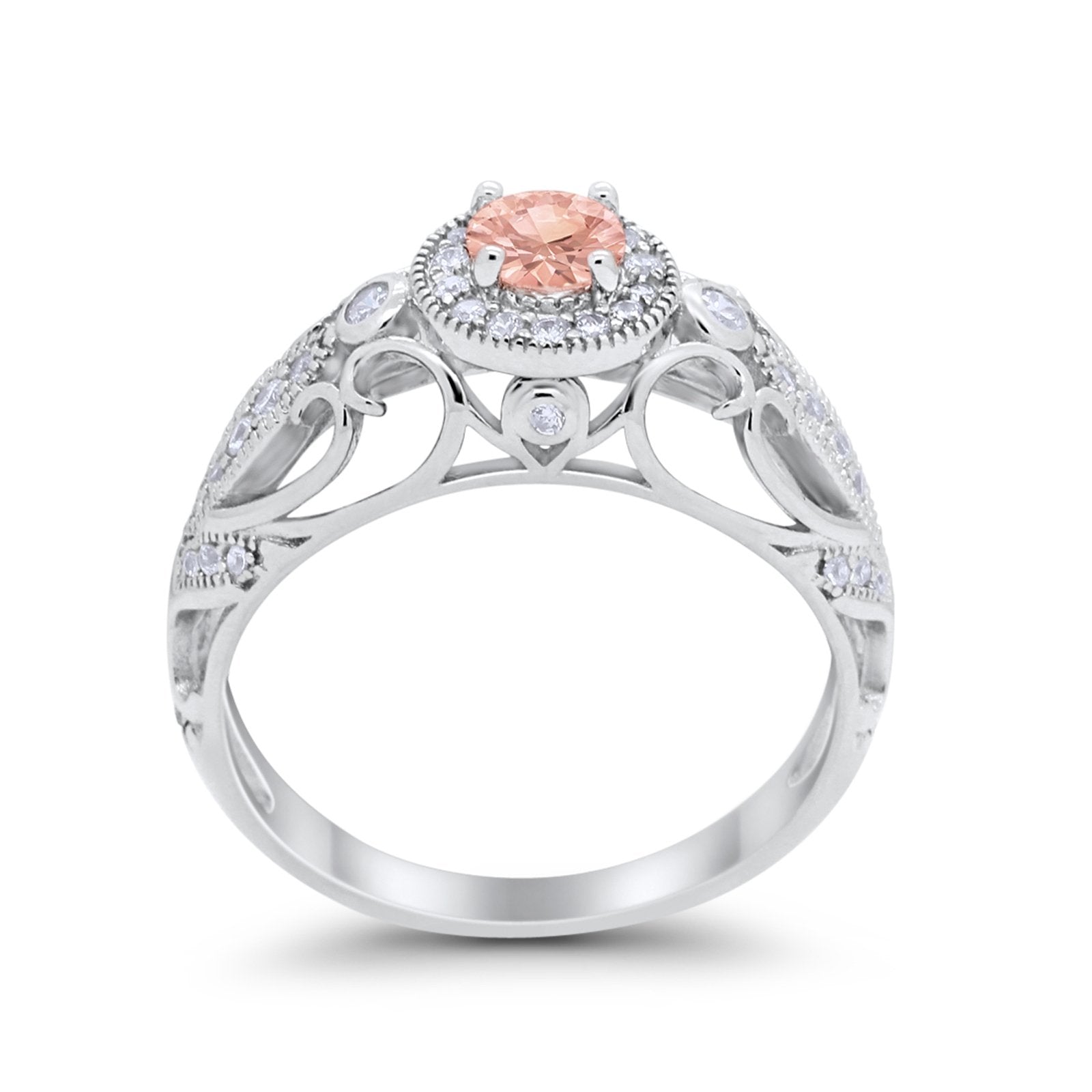 Halo Art Deco Filigree Wedding Engagement Ring Round Cubic Zirconia 925 Sterling Silver