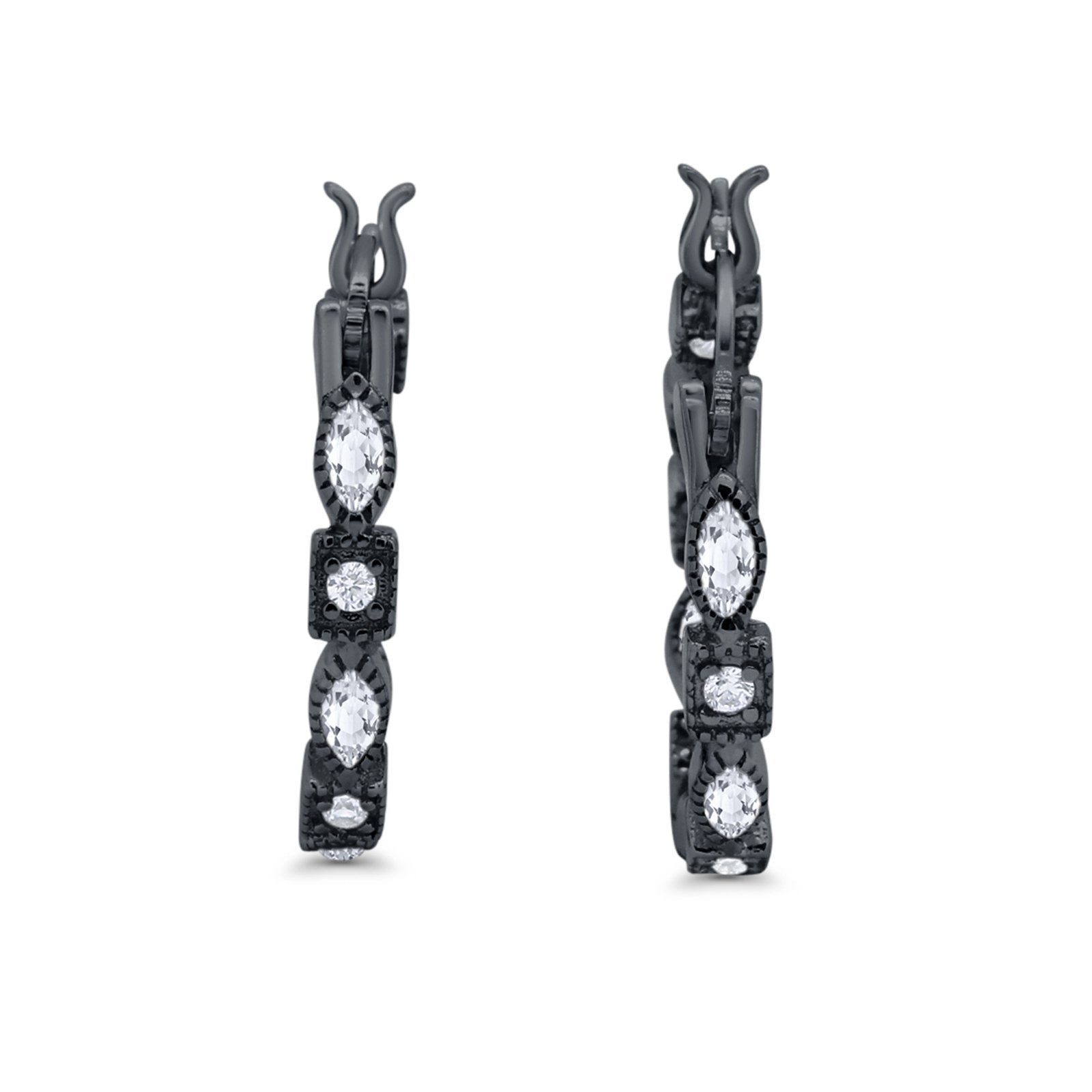 21mm Art Deco Hoop Earrings Marquise Round Cubic Zirconia 925 Sterling Silver Choose Color