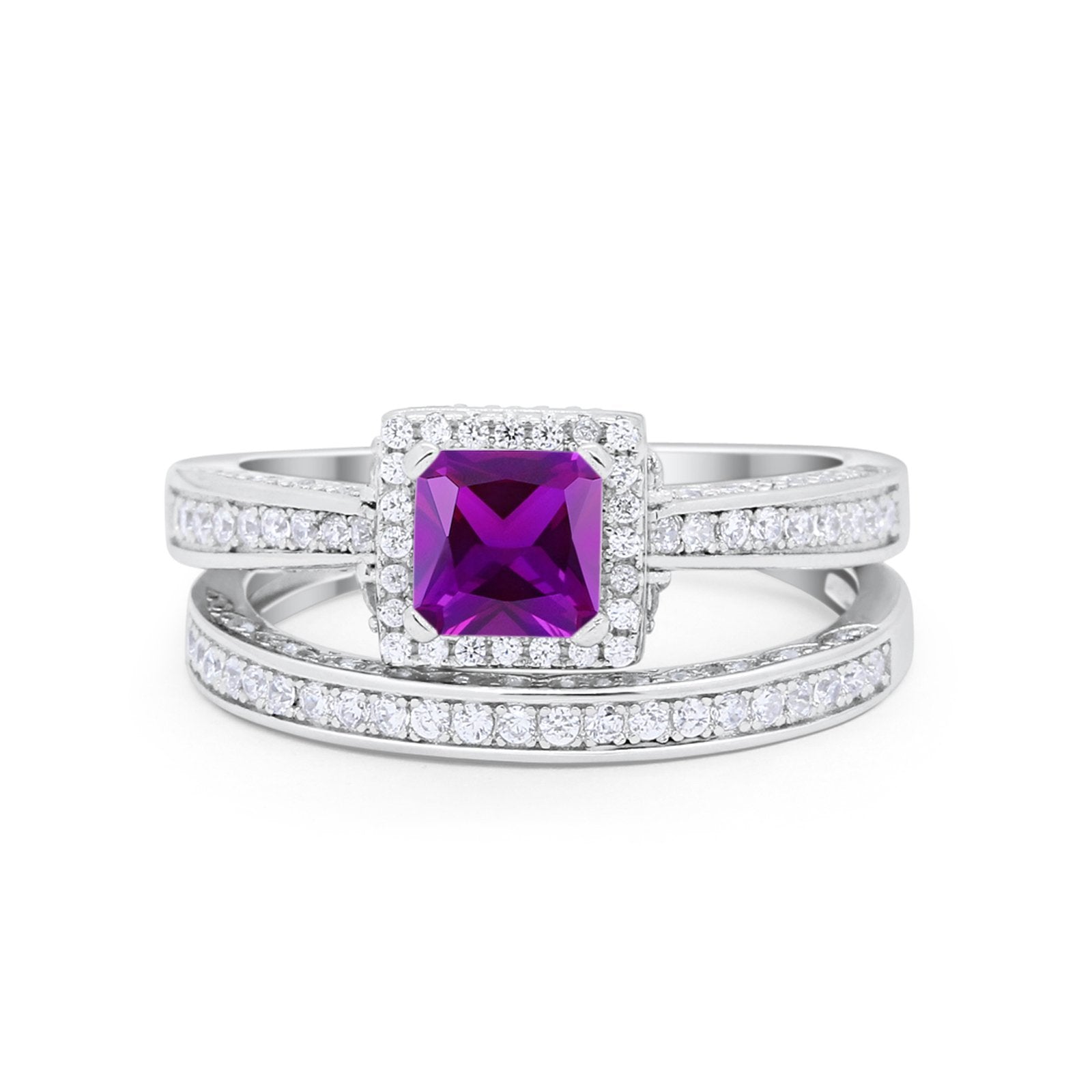 Halo Princess Cut Art Deco Wedding Bridal Set Ring Round Cubic Zirconia 925 Sterling Silver