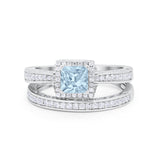 Halo Princess Cut Art Deco Wedding Bridal Set Ring Round Cubic Zirconia 925 Sterling Silver