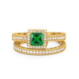 Halo Princess Cut Art Deco Wedding Bridal Set Ring Round Cubic Zirconia 925 Sterling Silver