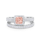 Halo Princess Cut Art Deco Wedding Bridal Set Ring Round Cubic Zirconia 925 Sterling Silver