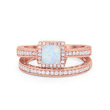 Halo Princess Cut Art Deco Wedding Bridal Set Ring Round Cubic Zirconia 925 Sterling Silver