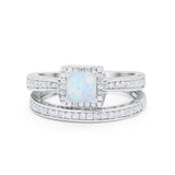 Halo Princess Cut Art Deco Wedding Bridal Set Ring Round Cubic Zirconia 925 Sterling Silver