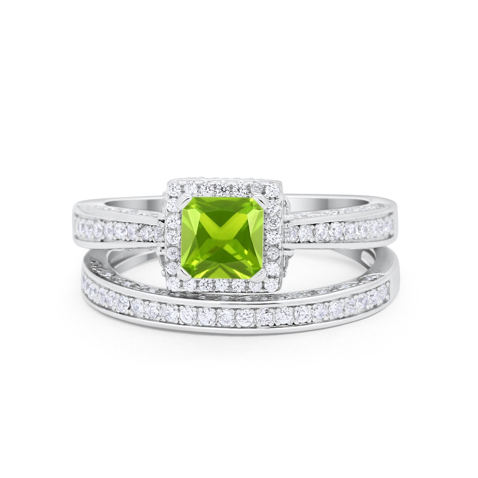 Halo Princess Cut Art Deco Wedding Bridal Set Ring Round Cubic Zirconia 925 Sterling Silver