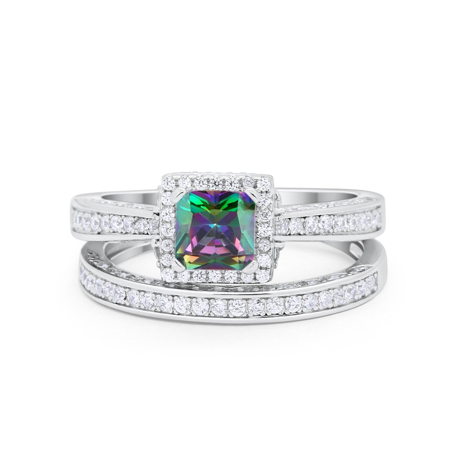 Halo Princess Cut Art Deco Wedding Bridal Set Ring Round Cubic Zirconia 925 Sterling Silver
