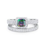 Halo Princess Cut Art Deco Wedding Bridal Set Ring Round Cubic Zirconia 925 Sterling Silver