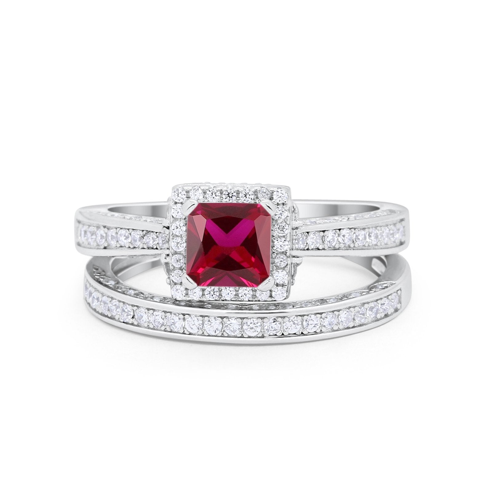 Halo Princess Cut Art Deco Wedding Bridal Set Ring Round Cubic Zirconia 925 Sterling Silver