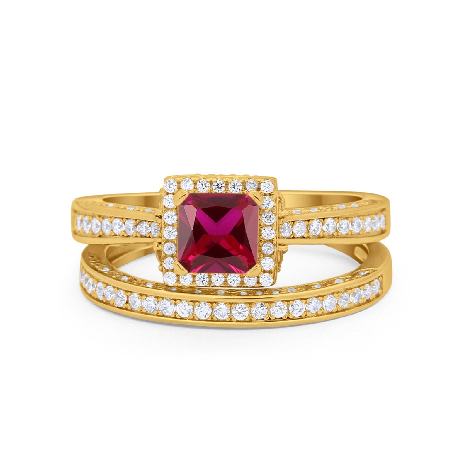 Halo Princess Cut Art Deco Wedding Bridal Set Ring Round Cubic Zirconia 925 Sterling Silver