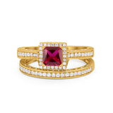 Halo Princess Cut Art Deco Wedding Bridal Set Ring Round Cubic Zirconia 925 Sterling Silver