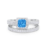 Halo Princess Cut Art Deco Wedding Bridal Set Ring Round Cubic Zirconia 925 Sterling Silver