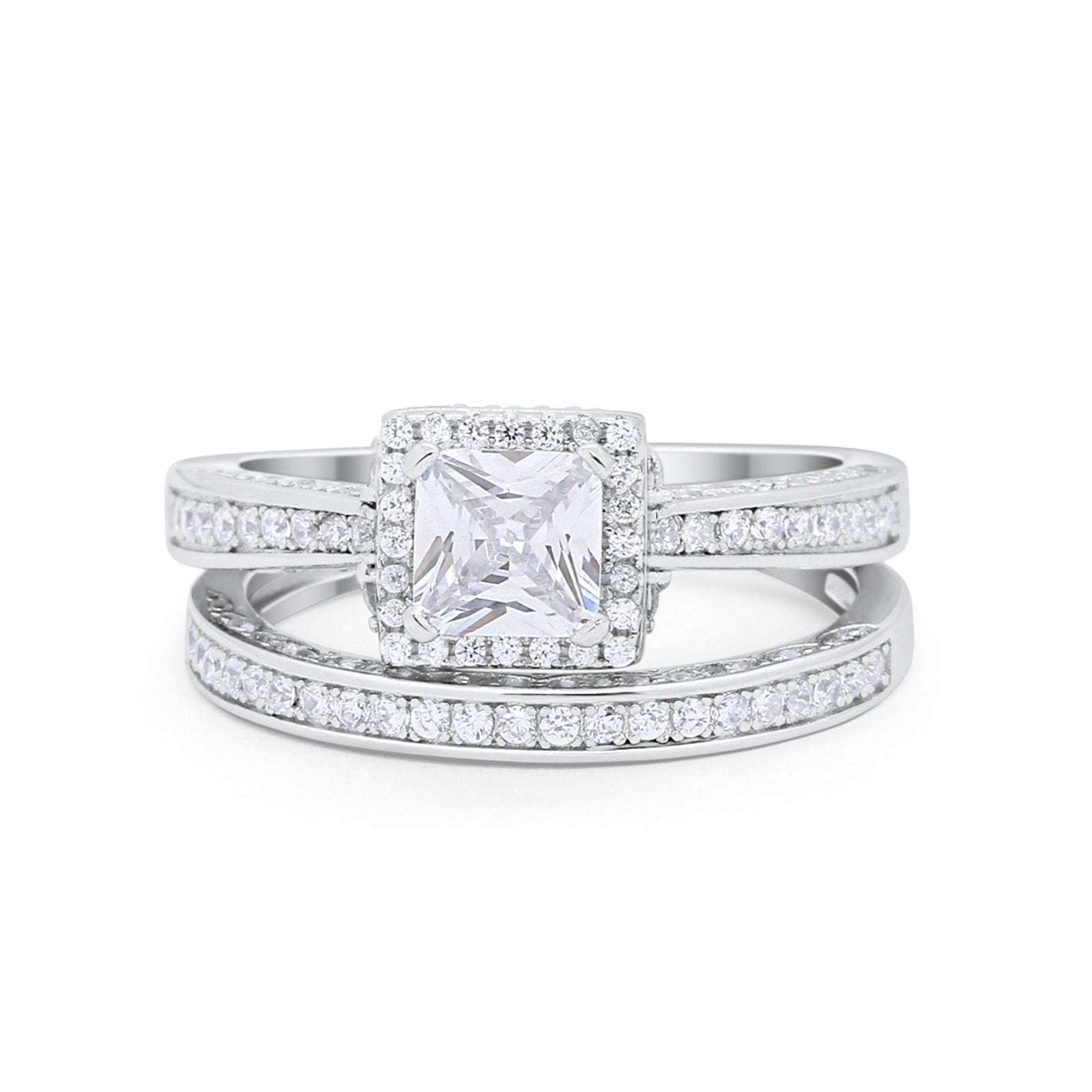 Halo Princess Cut Art Deco Wedding Bridal Set Ring Round Cubic Zirconia 925 Sterling Silver