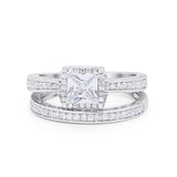 Halo Princess Cut Art Deco Wedding Bridal Set Ring Round Cubic Zirconia 925 Sterling Silver