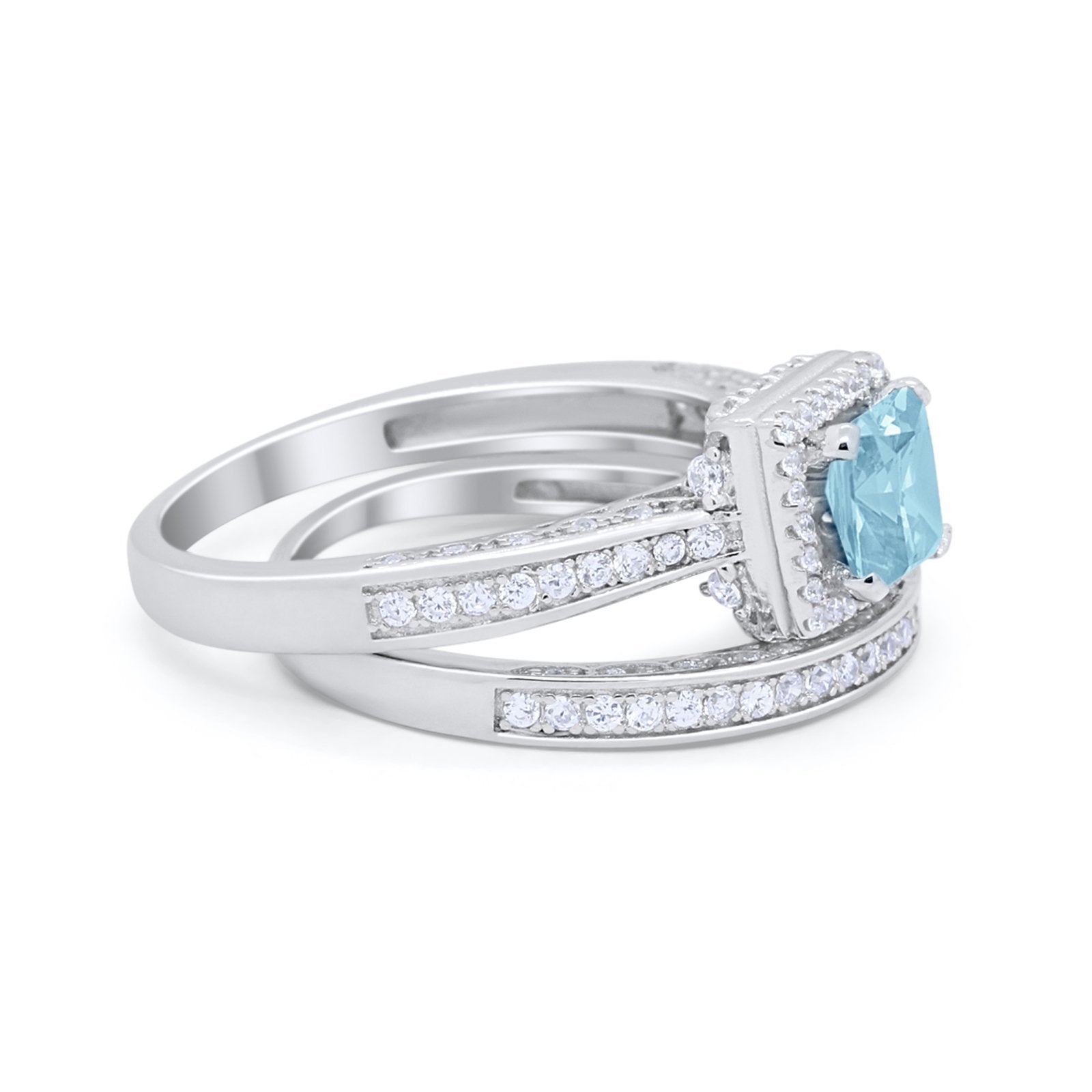 Halo Princess Cut Art Deco Wedding Bridal Set Ring Round Cubic Zirconia 925 Sterling Silver