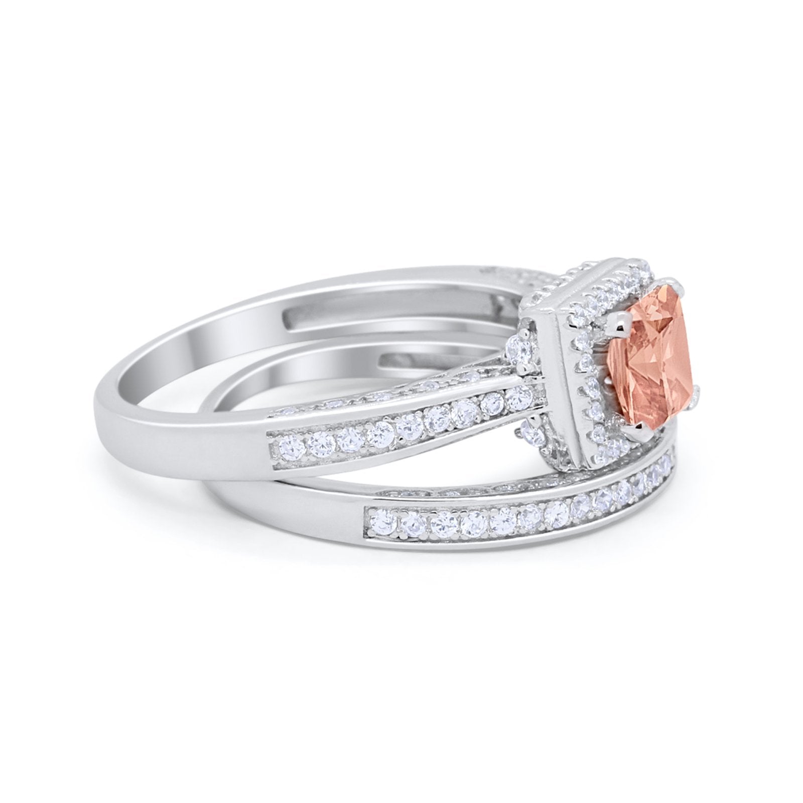 Halo Princess Cut Art Deco Wedding Bridal Set Ring Round Cubic Zirconia 925 Sterling Silver
