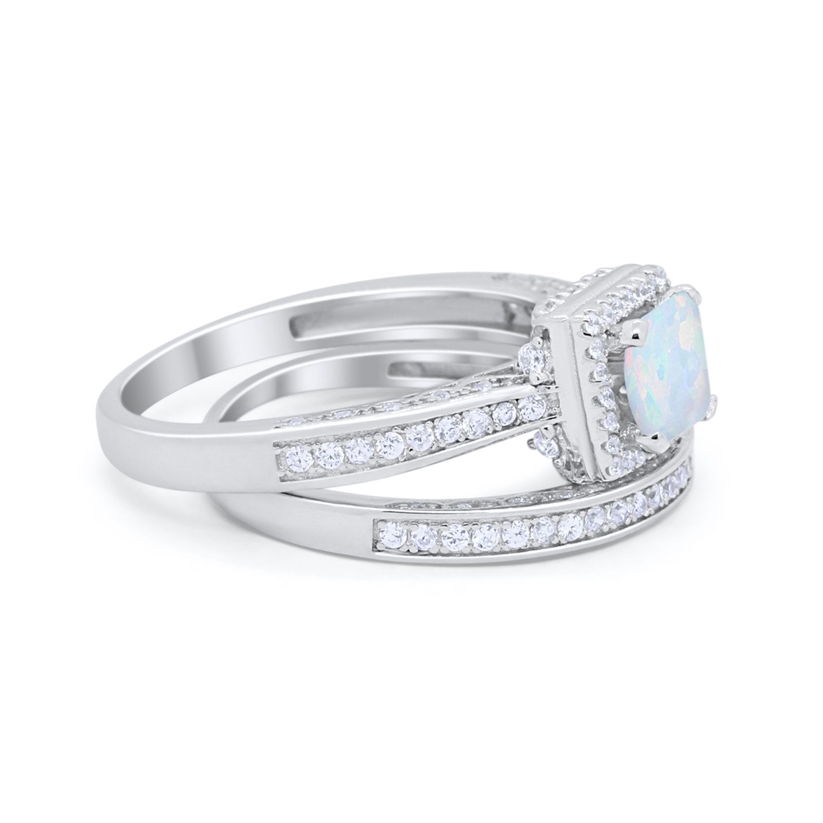 Halo Princess Cut Art Deco Wedding Bridal Set Ring Round Cubic Zirconia 925 Sterling Silver