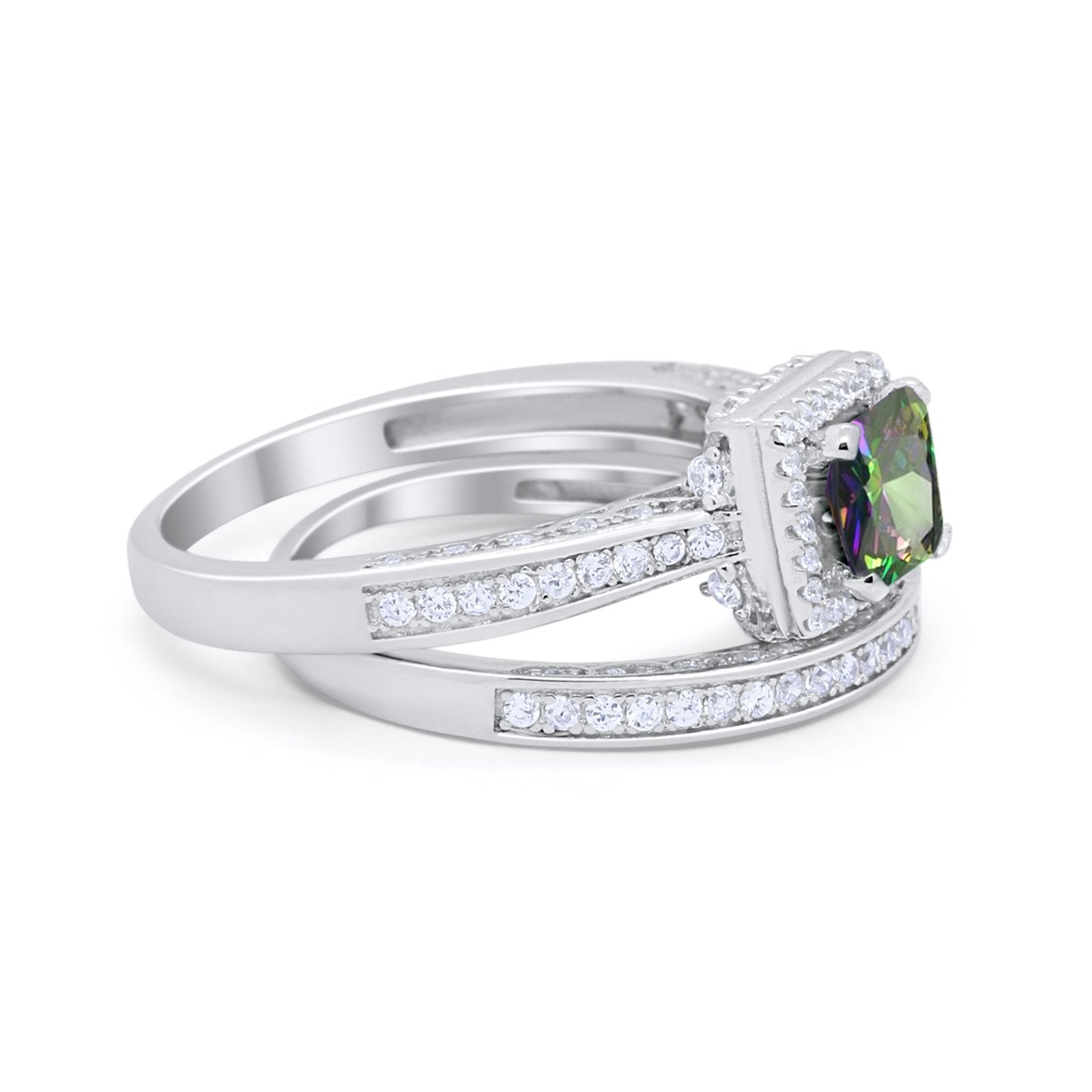 Halo Princess Cut Art Deco Wedding Bridal Set Ring Round Cubic Zirconia 925 Sterling Silver