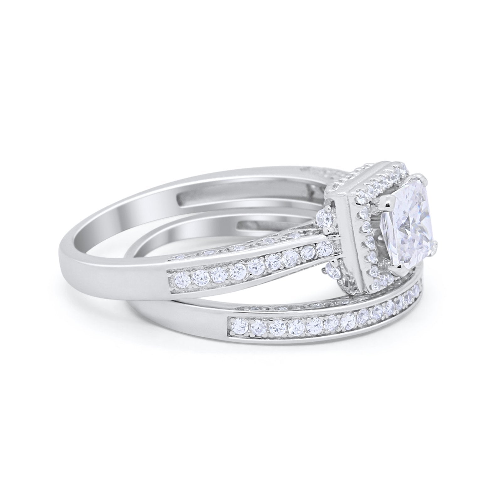 Halo Princess Cut Art Deco Wedding Bridal Set Ring Round Cubic Zirconia 925 Sterling Silver