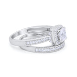 Halo Princess Cut Art Deco Wedding Bridal Set Ring Round Cubic Zirconia 925 Sterling Silver