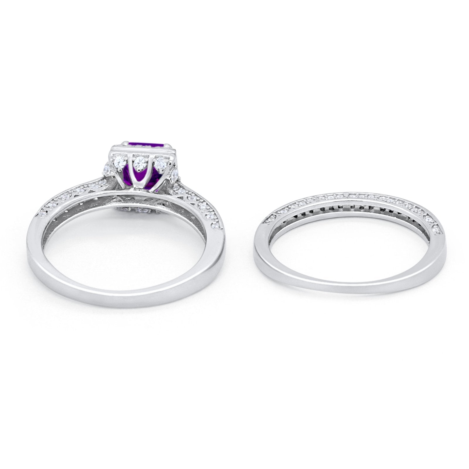 Halo Princess Cut Art Deco Wedding Bridal Set Ring Round Cubic Zirconia 925 Sterling Silver