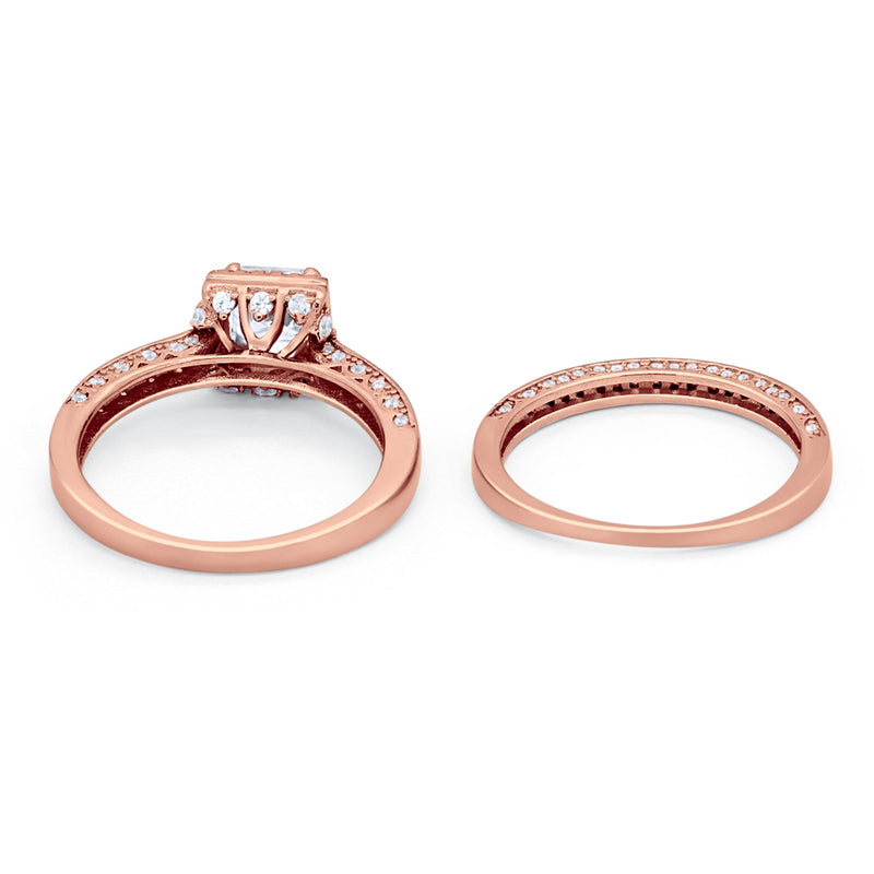 Halo Princess Cut Art Deco Wedding Bridal Set Ring Round Cubic Zirconia 925 Sterling Silver