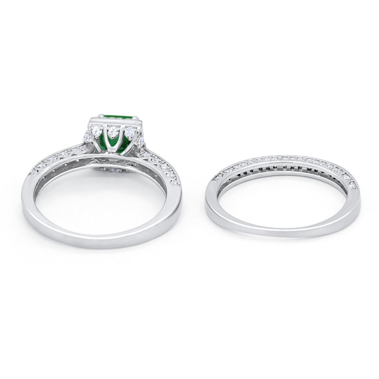 Halo Princess Cut Art Deco Wedding Bridal Set Ring Round Cubic Zirconia 925 Sterling Silver