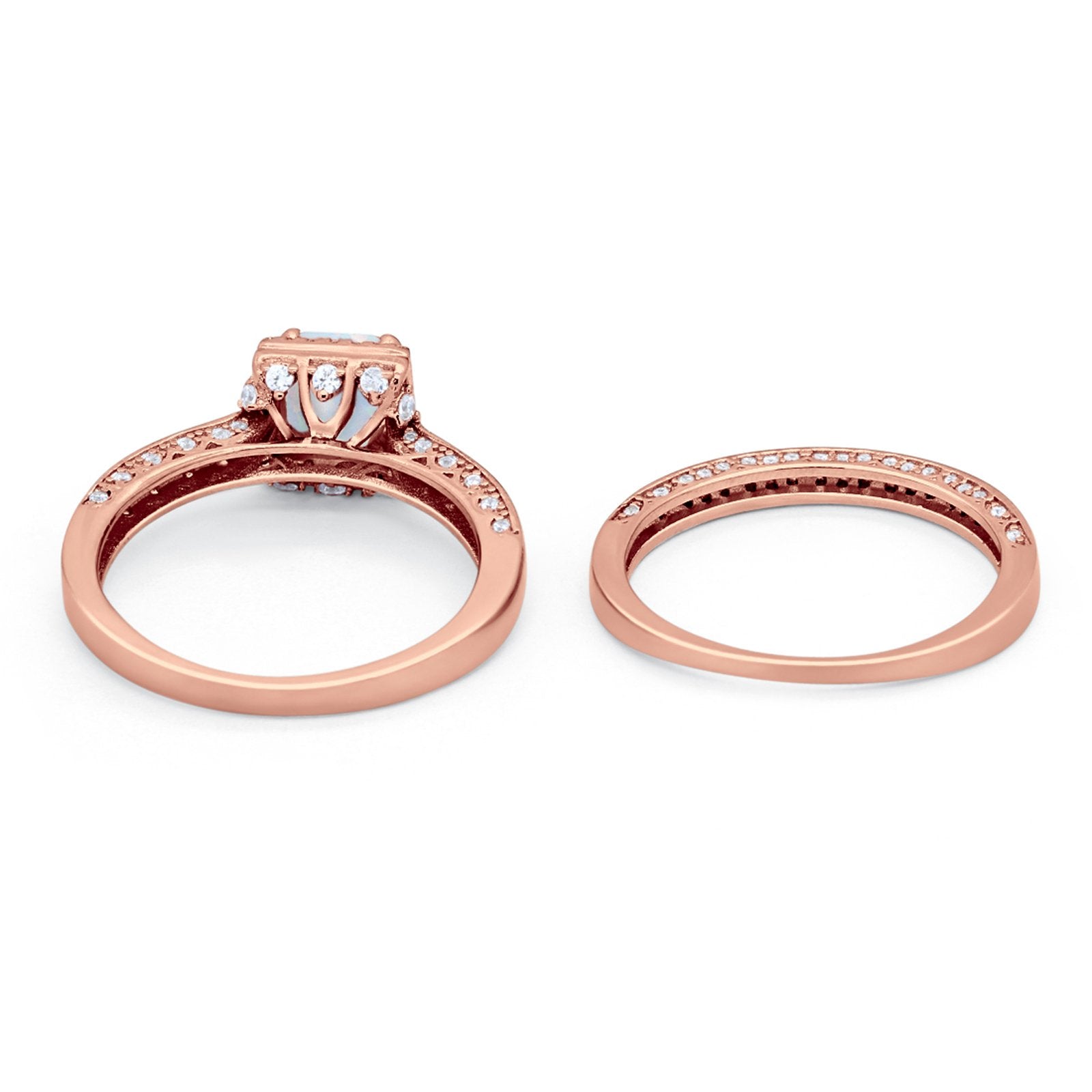 Halo Princess Cut Art Deco Wedding Bridal Set Ring Round Cubic Zirconia 925 Sterling Silver