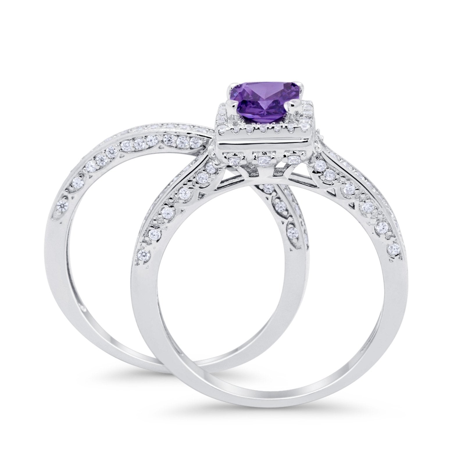 Halo Princess Cut Art Deco Wedding Bridal Set Ring Round Cubic Zirconia 925 Sterling Silver