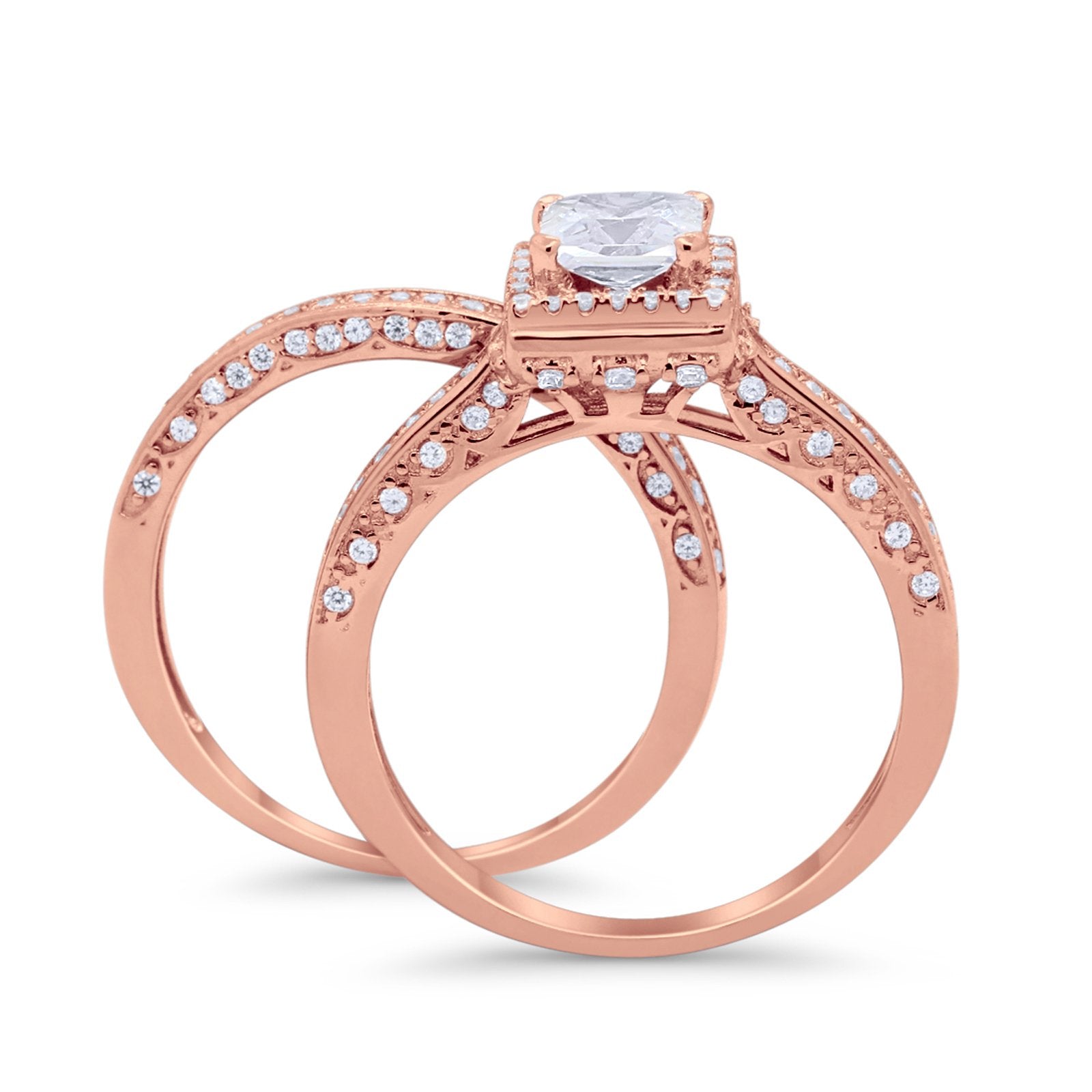 Halo Princess Cut Art Deco Wedding Bridal Set Ring Round Cubic Zirconia 925 Sterling Silver