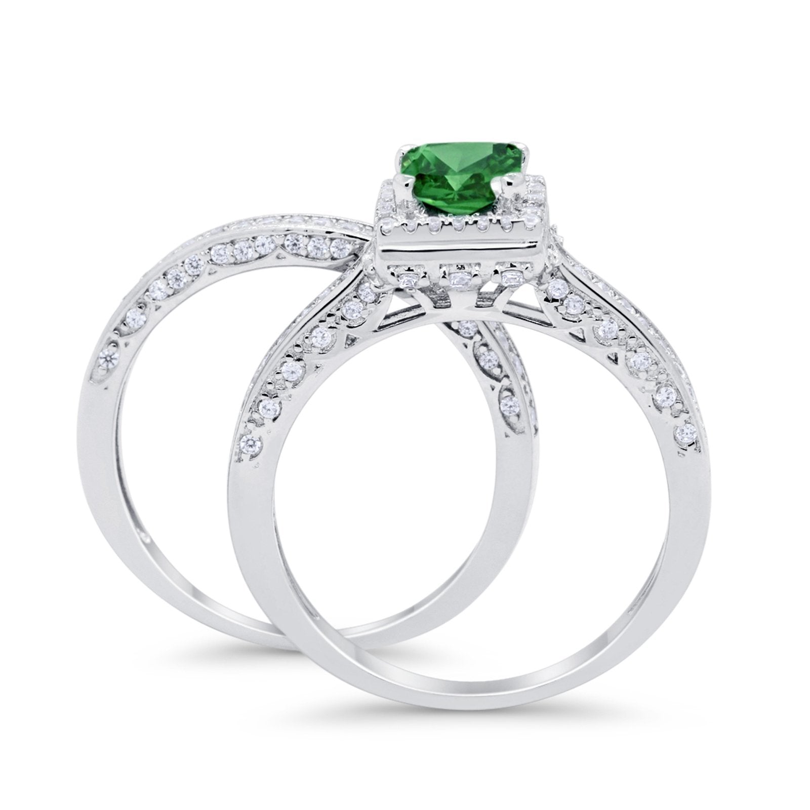 Halo Princess Cut Art Deco Wedding Bridal Set Ring Round Cubic Zirconia 925 Sterling Silver