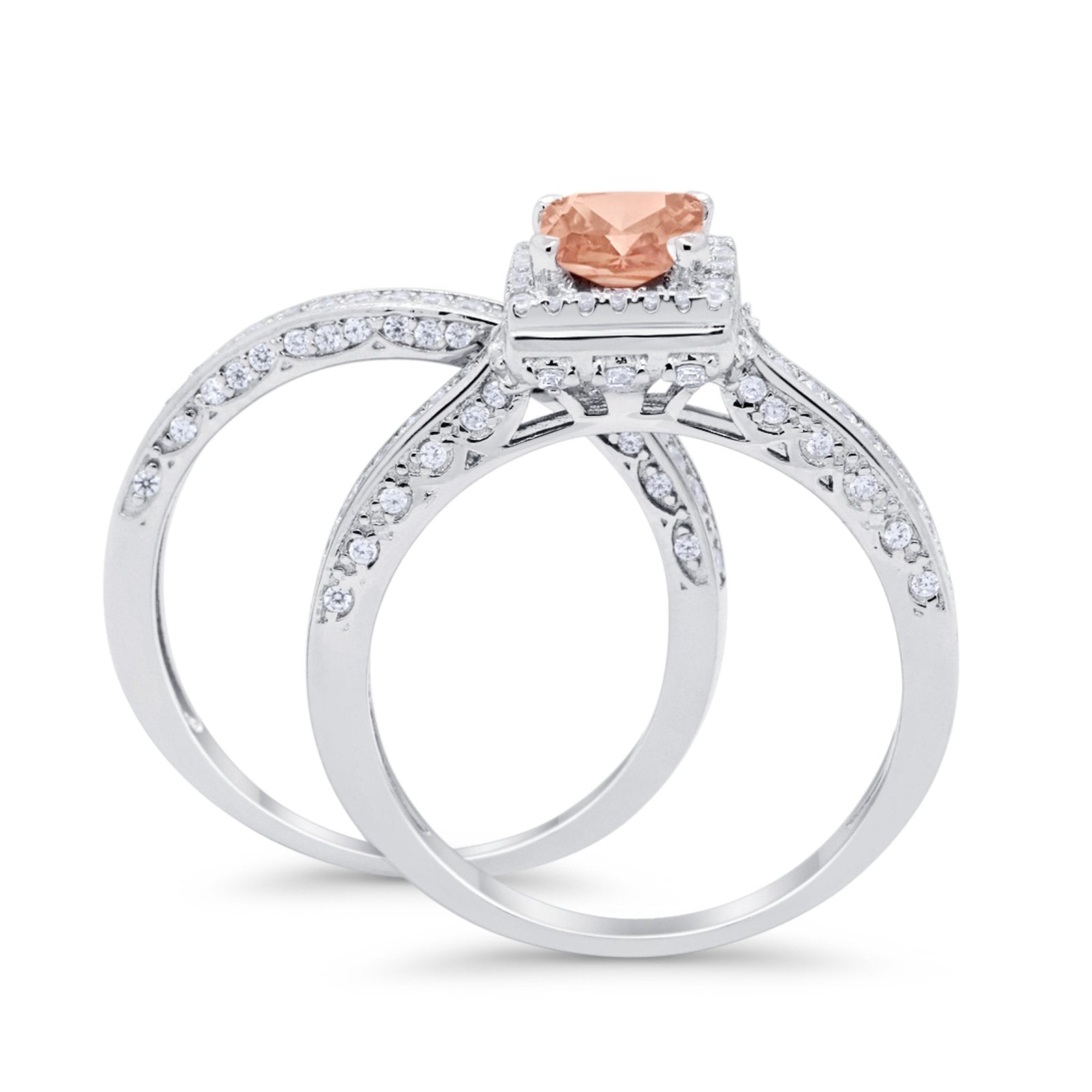 Halo Princess Cut Art Deco Wedding Bridal Set Ring Round Cubic Zirconia 925 Sterling Silver