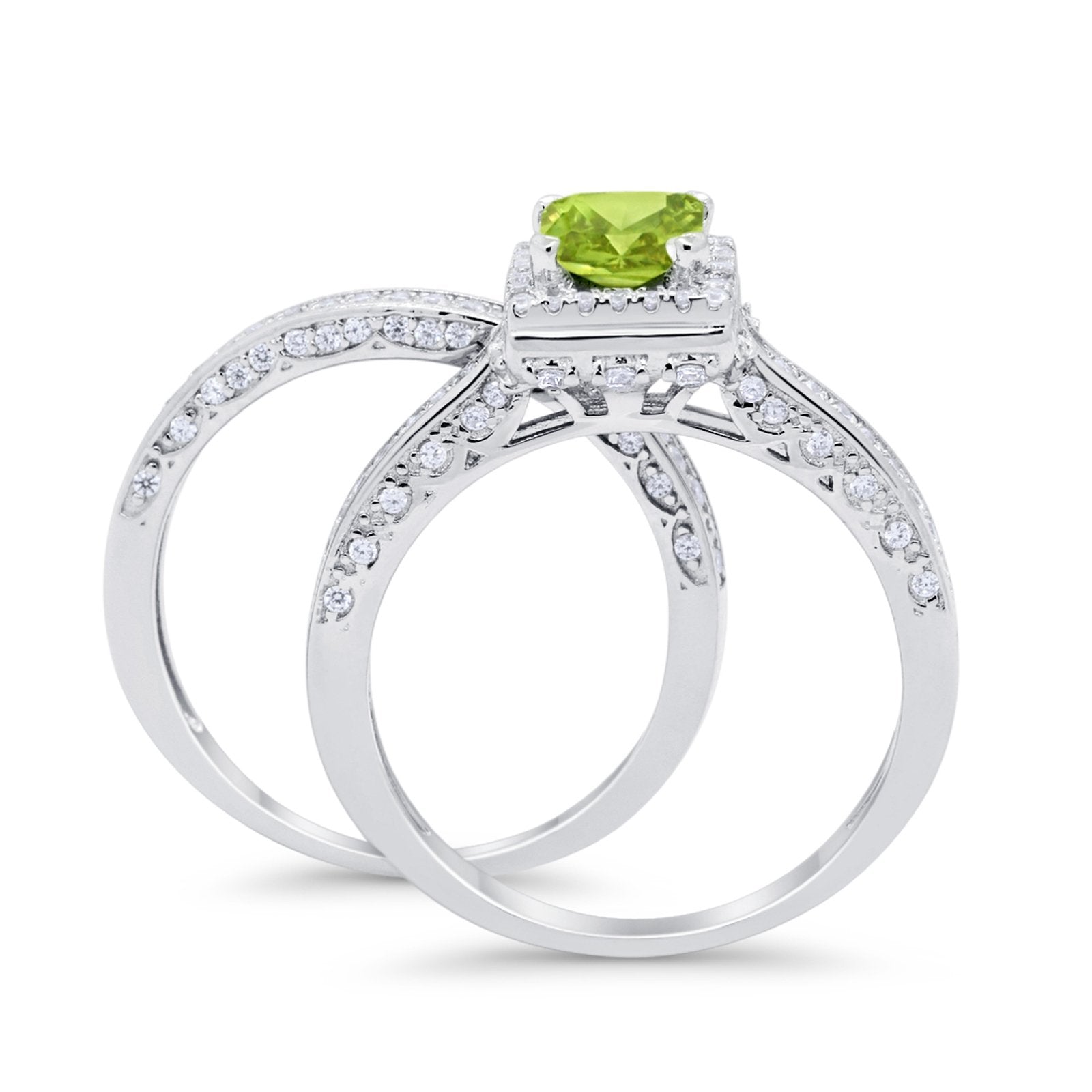 Halo Princess Cut Art Deco Wedding Bridal Set Ring Round Cubic Zirconia 925 Sterling Silver