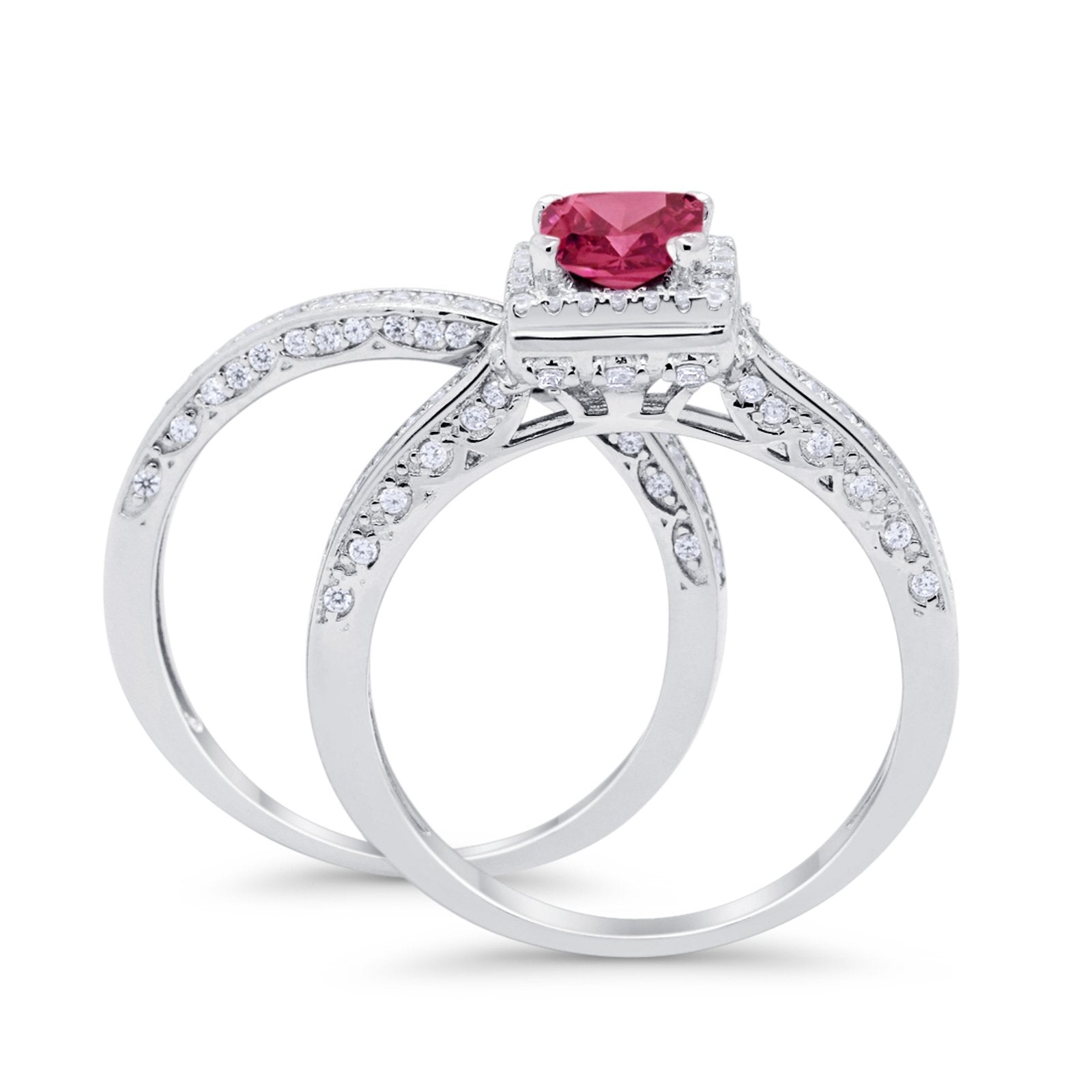 Halo Princess Cut Art Deco Wedding Bridal Set Ring Round Cubic Zirconia 925 Sterling Silver