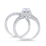 Halo Princess Cut Art Deco Wedding Bridal Set Ring Round Cubic Zirconia 925 Sterling Silver