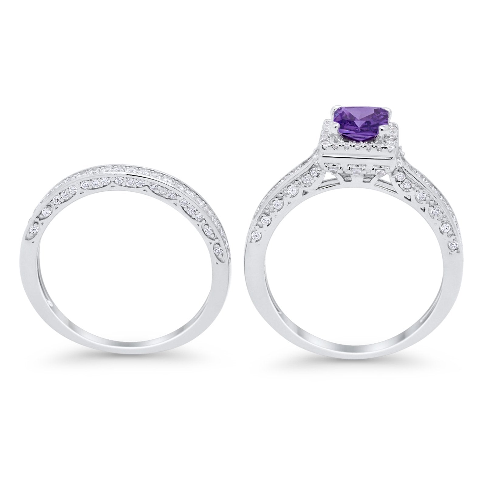 Halo Princess Cut Art Deco Wedding Bridal Set Ring Round Cubic Zirconia 925 Sterling Silver