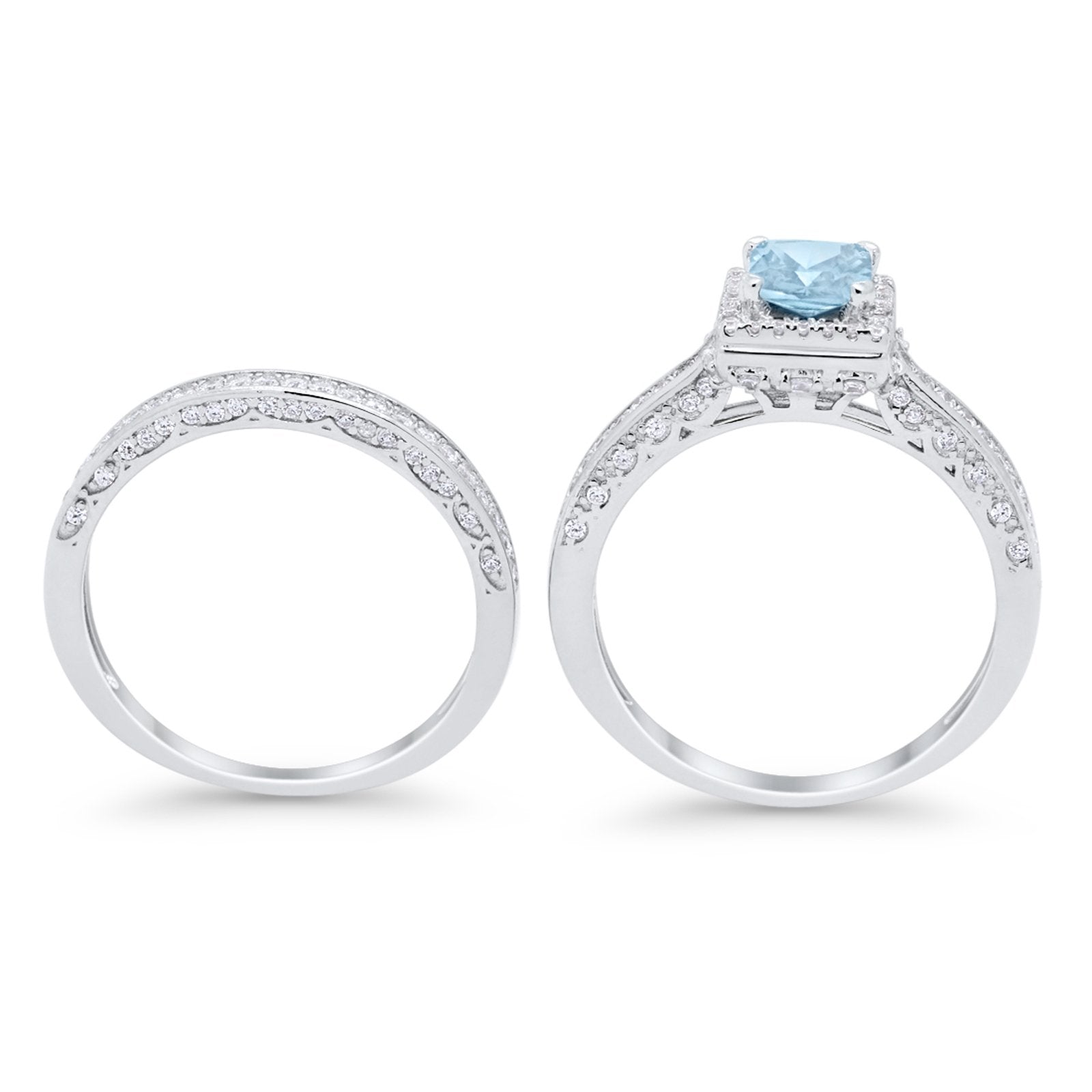 Halo Princess Cut Art Deco Wedding Bridal Set Ring Round Cubic Zirconia 925 Sterling Silver